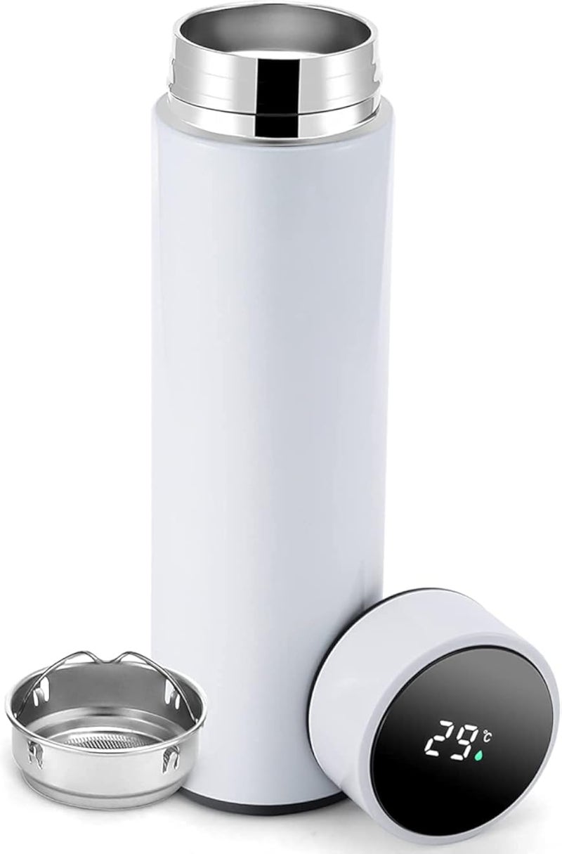 زجاجة ماء ذكية معزولة من COOLBABY، زجاجة شاي مع مصفاة، كوب قهوة واسع الفوهة مصنوع من الفولاذ المقاوم للصدأ بتقنية التفريغ الهوائي، ترمس سفر بشاشة لمس LCD، يحافظ على المشروبات ساخنة أو باردة، كوب قهوة محمول للسيارة، 500 مل (أبيض)